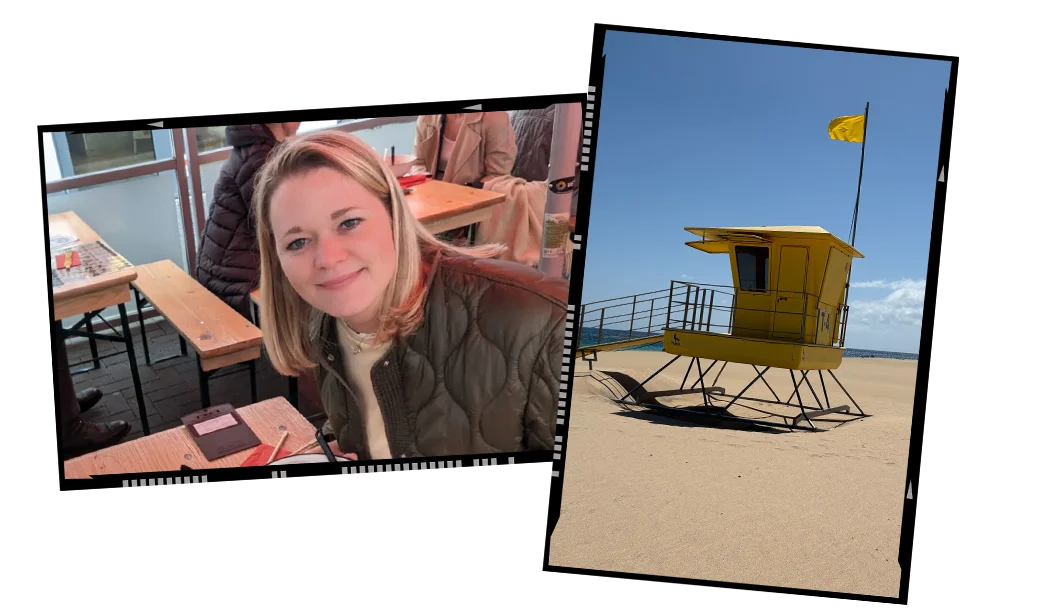 Porträt von Wiebke Schoutz in einem Café sowie Strandmotiv mit gelbem Rettungsturm