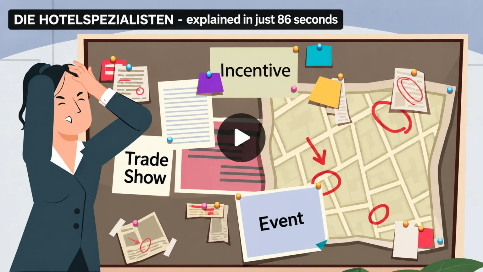 Video thumbnail: Die Hotelspezialisten explained in 86 seconds – an event planner in front of a pinboard with trade show, incentive and event notes