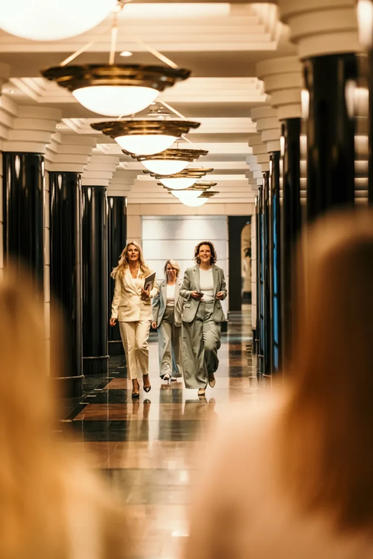 Hotelspezialistinnen gehen durch den Flur eines Kongresshotels